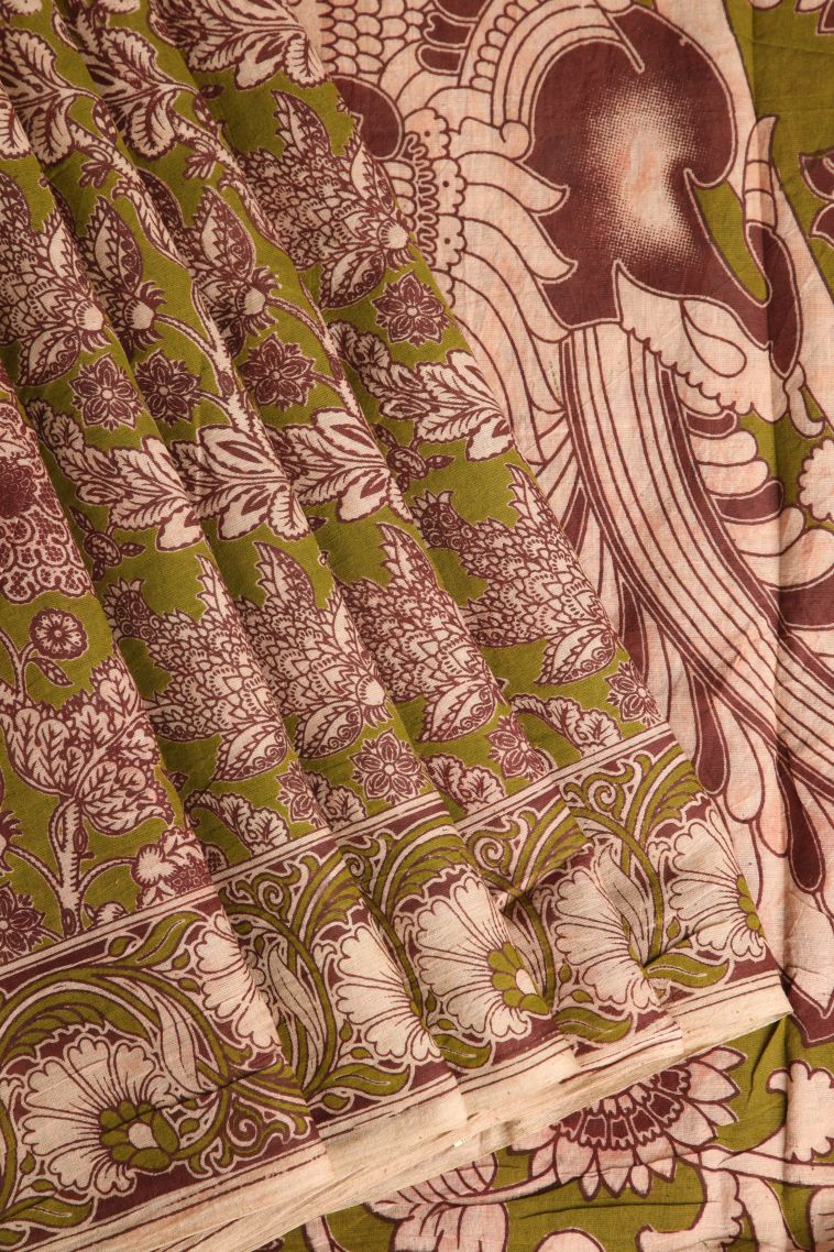 Pickle Green Kalamkari with Without Zari Zari Floral Patterns view 1