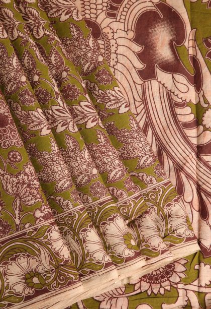 Pickle Green Kalamkari with Without Zari Zari Floral Patterns