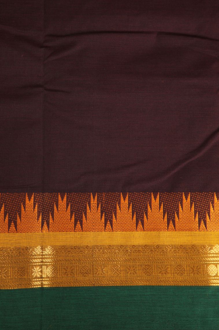 Cinnamon Brown Chettinad Cotton Sarees with Gold Zari Plain view 3