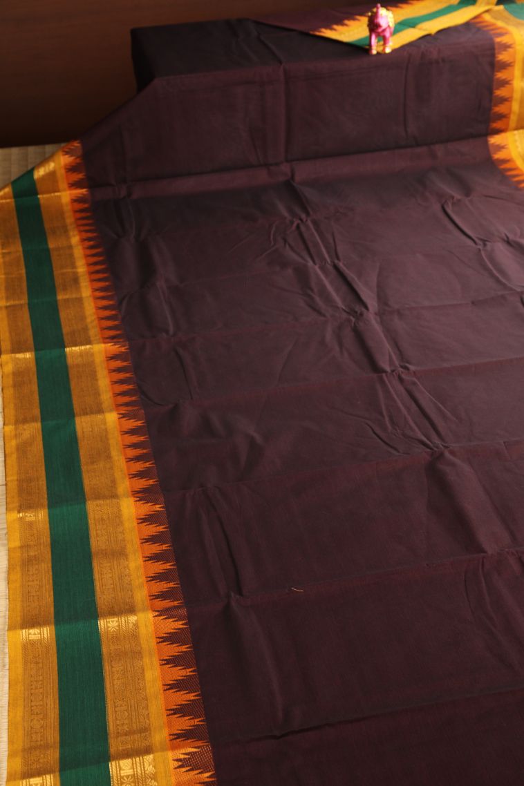 Cinnamon Brown Chettinad Cotton Sarees with Gold Zari Plain view 2