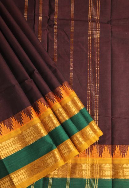 Cinnamon Brown Chettinad Cotton Sarees with Gold Zari Plain