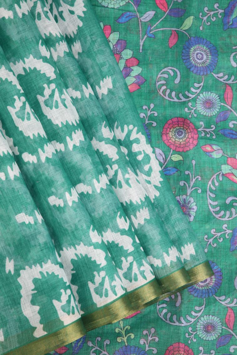 Teal Blue Linen Saree with Without Zari Zari Pathik Motifs view 1