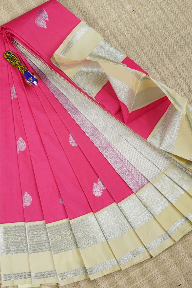 Punch Pink Visiri Madippu Silk Sarees with Silver Zari Paisley (mango Design) view 1