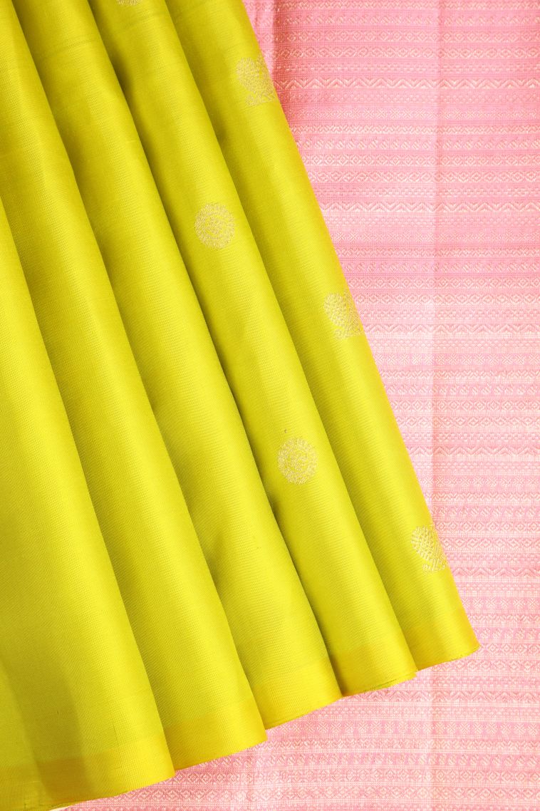 Chartreuse Green Kanchipuram Silk Sarees with Gold Zari Peacock Motifs view 1
