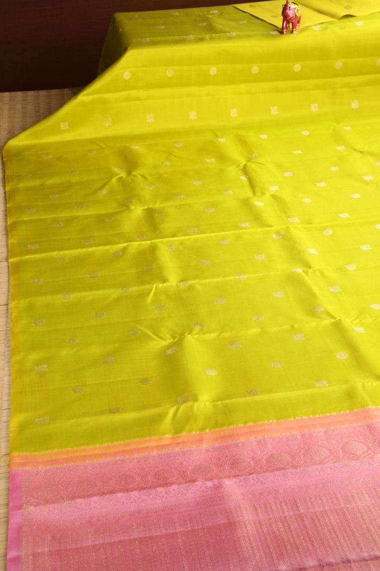 Chartreuse Green Kanchipuram Silk Sarees with Gold Zari Peacock Motifs view 2