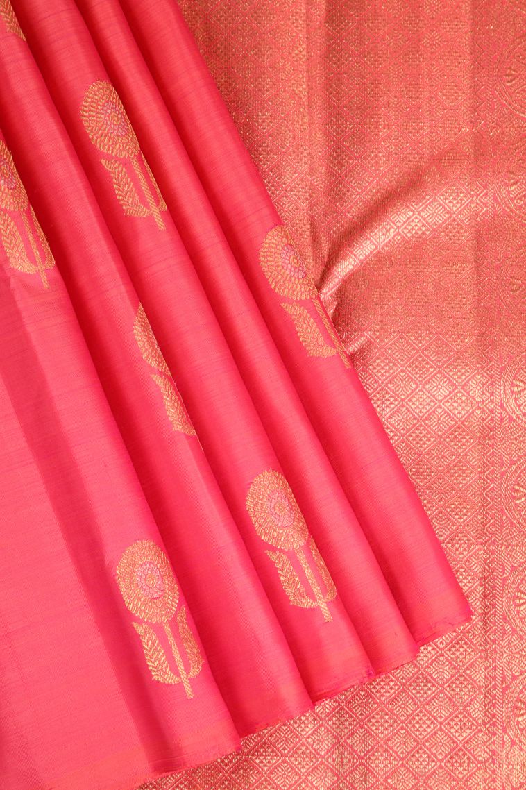 Strawberry Pink Kanchipuram Silk Sarees with Gold Zari Rudhracham Mottif view 1