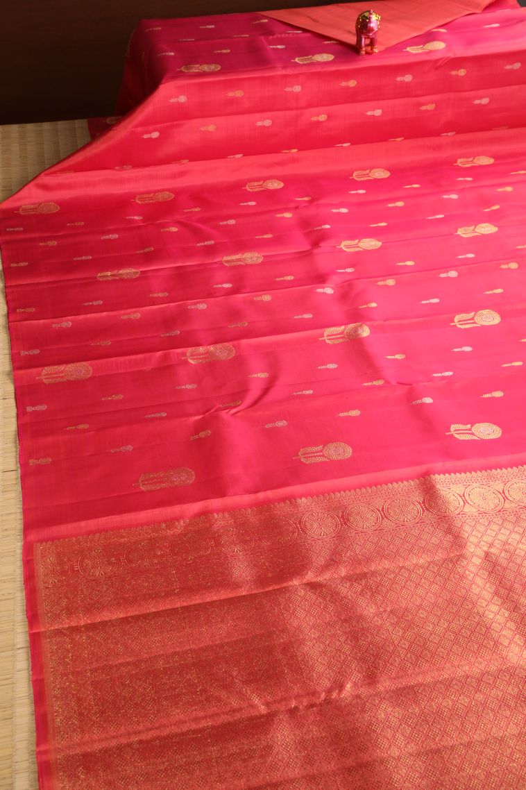Strawberry Pink Kanchipuram Silk Sarees with Gold Zari Rudhracham Mottif view 2