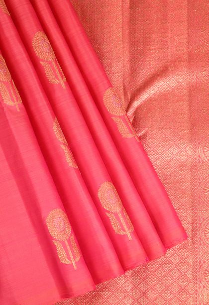 Strawberry Pink Kanchipuram Silk Sarees with Gold Zari Rudhracham Mottif