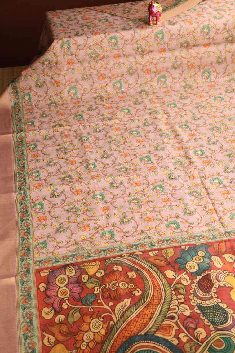 Flamingo Pink Manipuri Cotton Sarees with Gold Zari Floral Patterns view 2