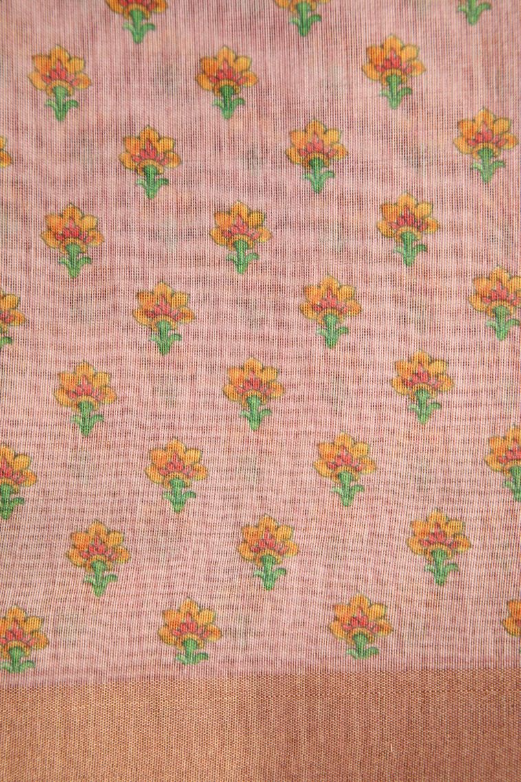 Flamingo Pink Manipuri Cotton Sarees with Gold Zari Floral Patterns view 3