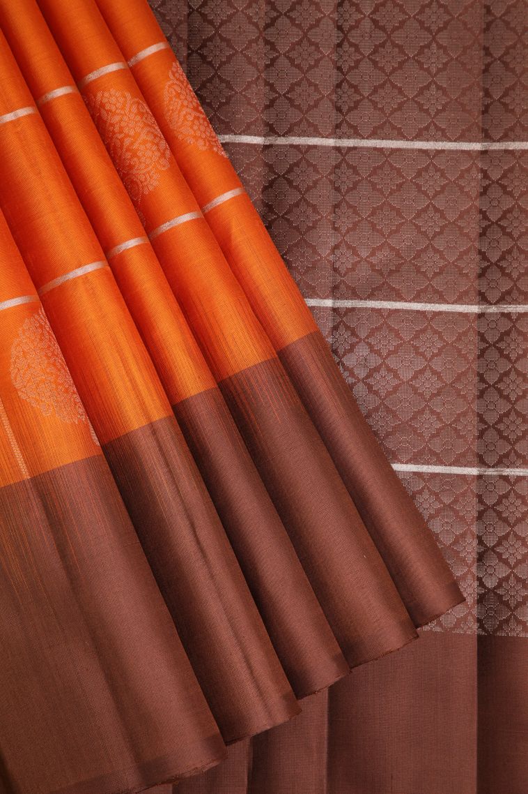 Rust Orange Soft Silk Saree with Gold Zari Floral Puttas view 1