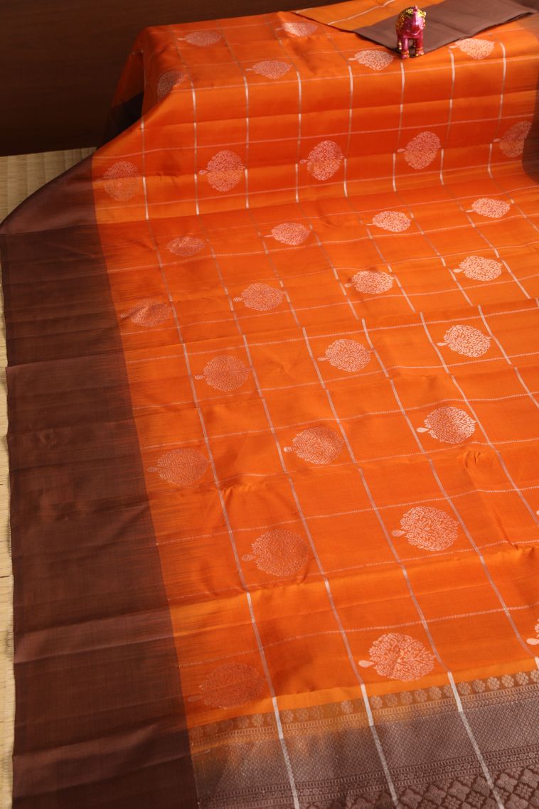 Rust Orange Soft Silk Saree with Gold Zari Floral Puttas view 2