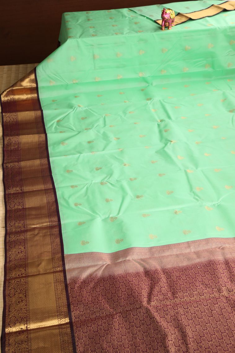 Mint Green Soft Silk Saree with Gold Zari Puttas view 2