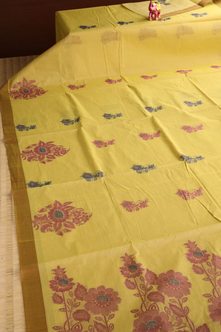 Gold Kovai Cotton Sarees with Without Zari Zari Floral Puttas view 2