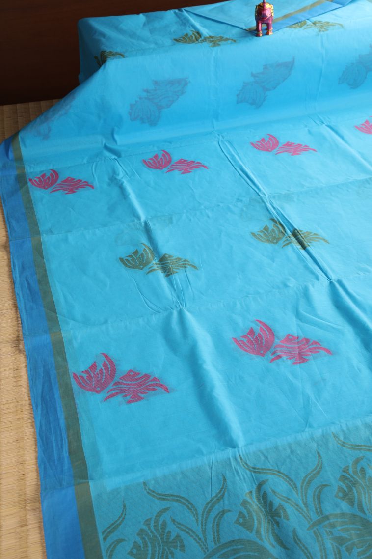 Cerulean Blue Kovai Cotton Sarees with Without Zari Zari Fish Mottif view 2