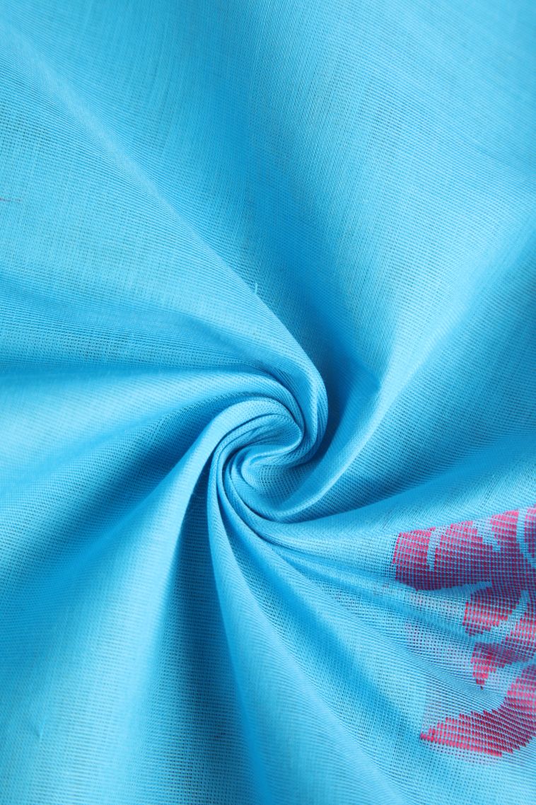 Cerulean Blue Kovai Cotton Sarees with Without Zari Zari Fish Mottif view 4