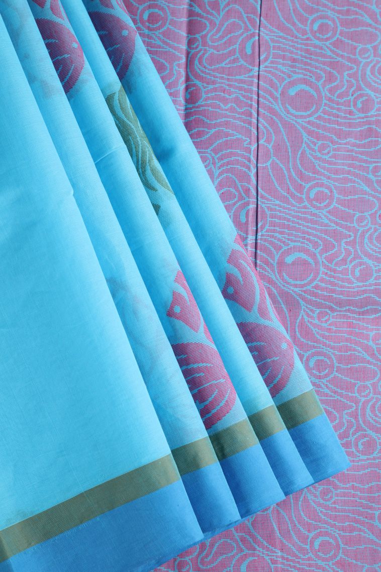 Cerulean Blue Kovai Cotton Sarees with Without Zari Zari Fish Mottif