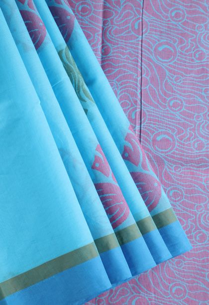 Cerulean Blue Kovai Cotton Sarees with Without Zari Zari Fish Mottif