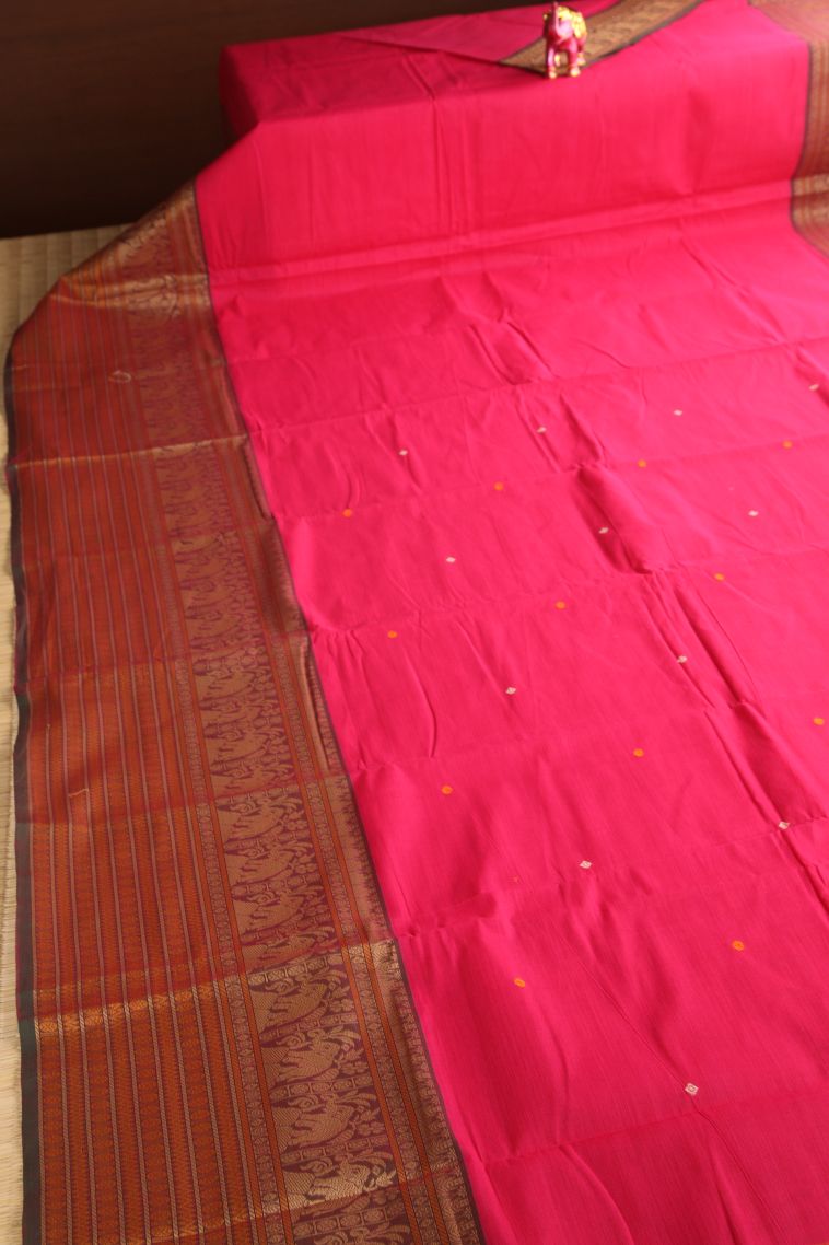 Punch Pink Chettinad Cotton Sarees with Gold Zari Floral Puttas view 2