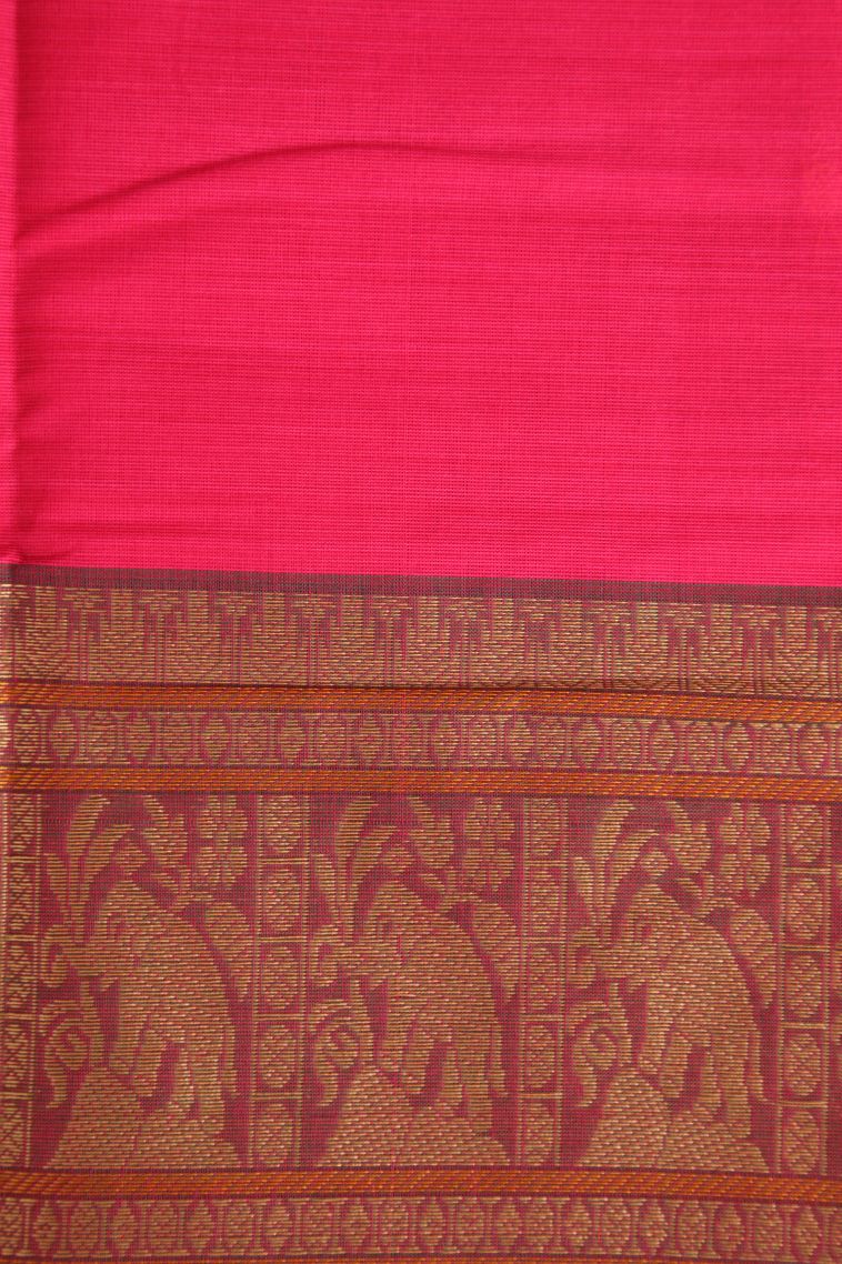 Punch Pink Chettinad Cotton Sarees with Gold Zari Floral Puttas view 3