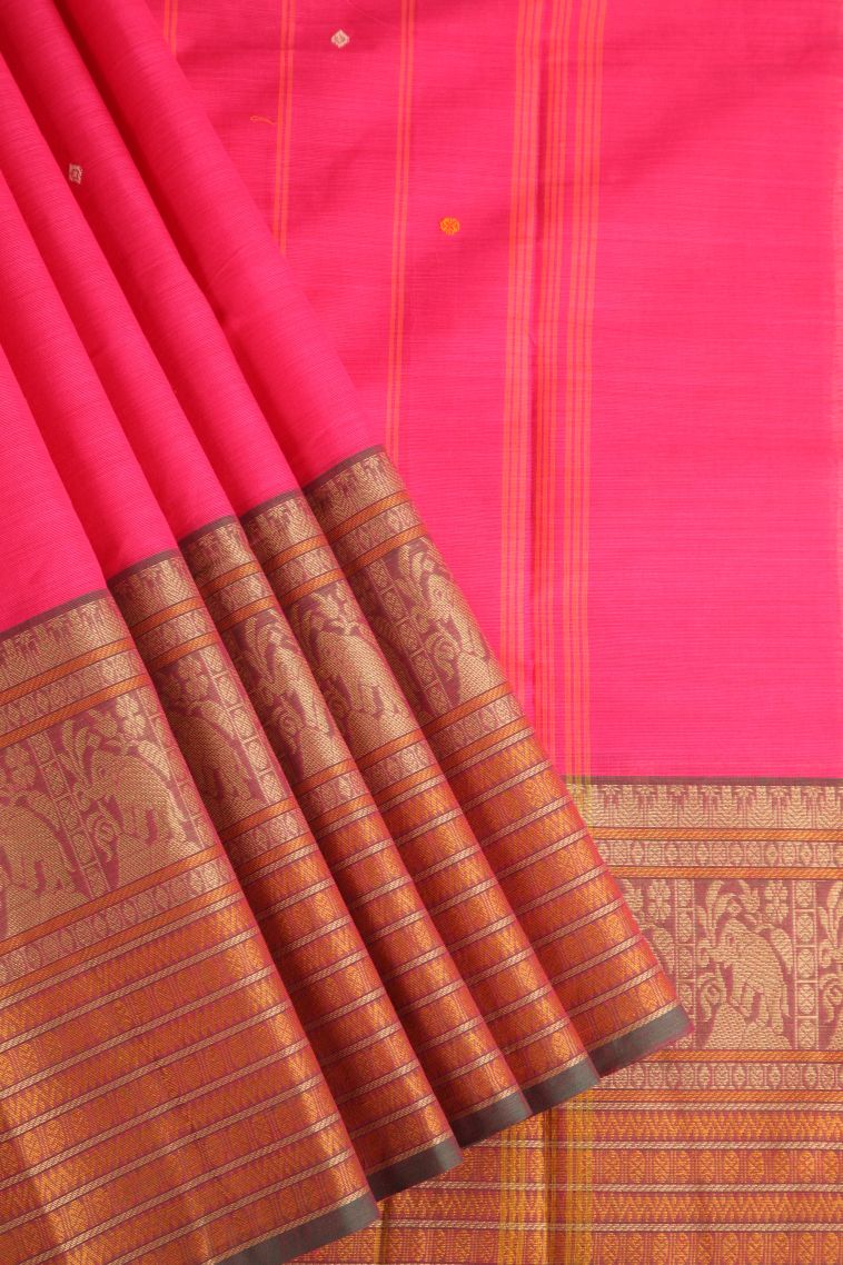 Punch Pink Chettinad Cotton Sarees with Gold Zari Floral Puttas view 1