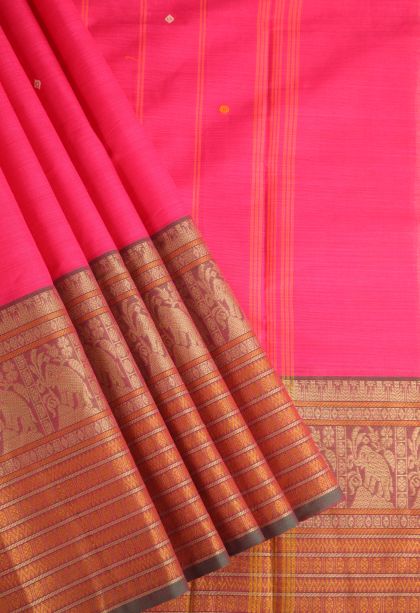 Punch Pink Chettinad Cotton Sarees with Gold Zari Floral Puttas