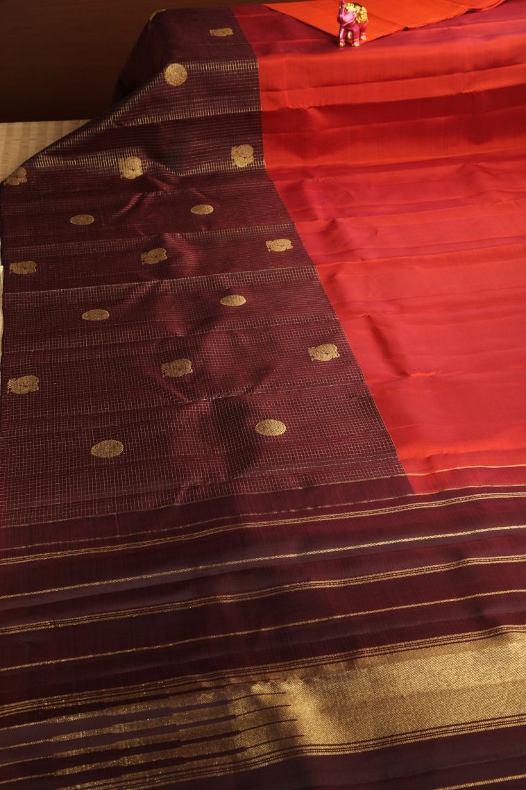 Rust Orange Kanchipuram Silk Sarees with Gold Zari Plain view 2