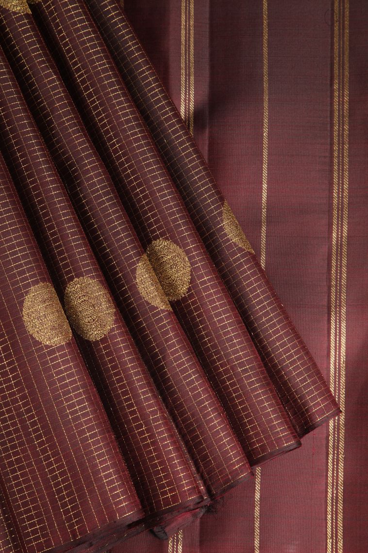 Rust Orange Kanchipuram Silk Sarees with Gold Zari Plain view 1