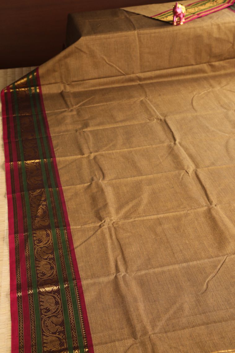 Rich Gold Chettinad Cotton Sarees with Gold Zari Plain view 2