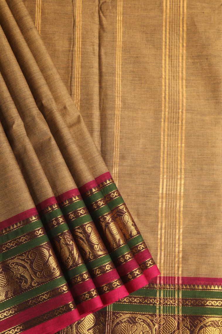 Rich Gold Chettinad Cotton Sarees with Gold Zari Plain view 1