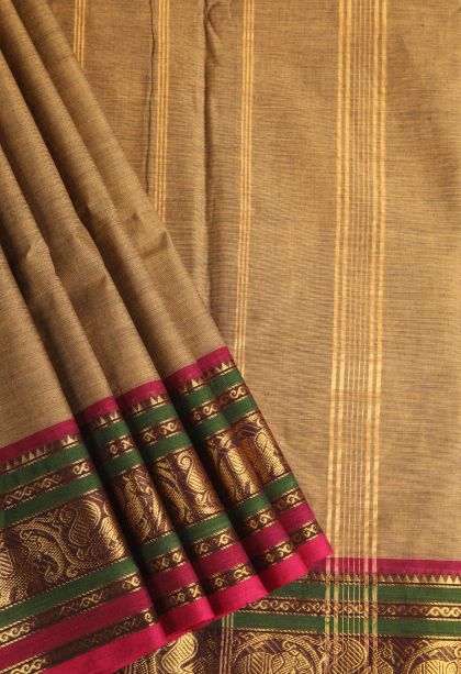 Rich Gold Chettinad Cotton Sarees with Gold Zari Plain