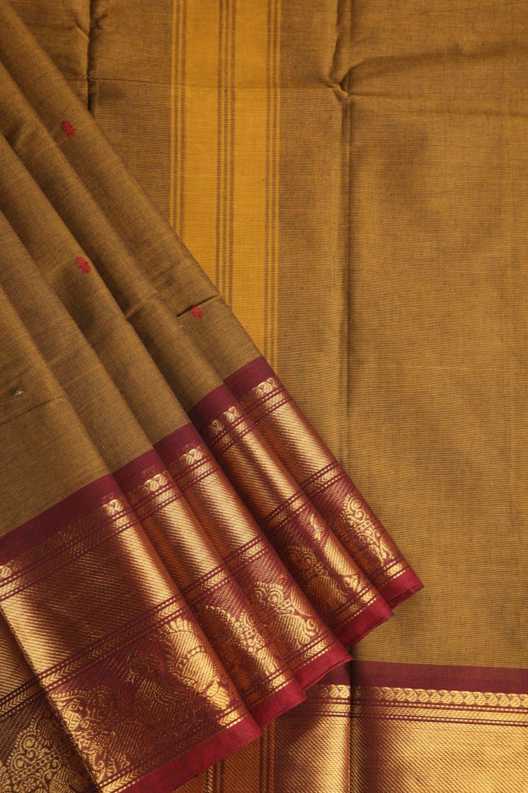 Peanut Brown Chettinad Cotton Sarees with Gold Zari Buttis (small Dots Or Motifs) view 1