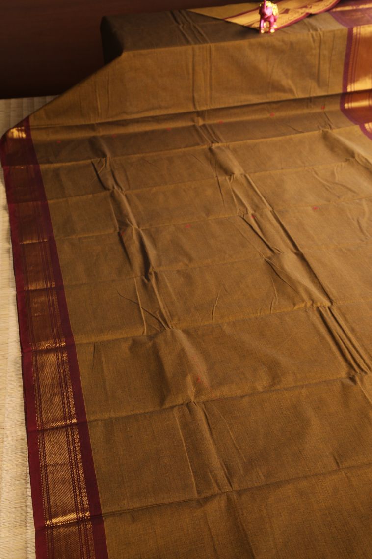 Peanut Brown Chettinad Cotton Sarees with Gold Zari Buttis (small Dots Or Motifs) view 2