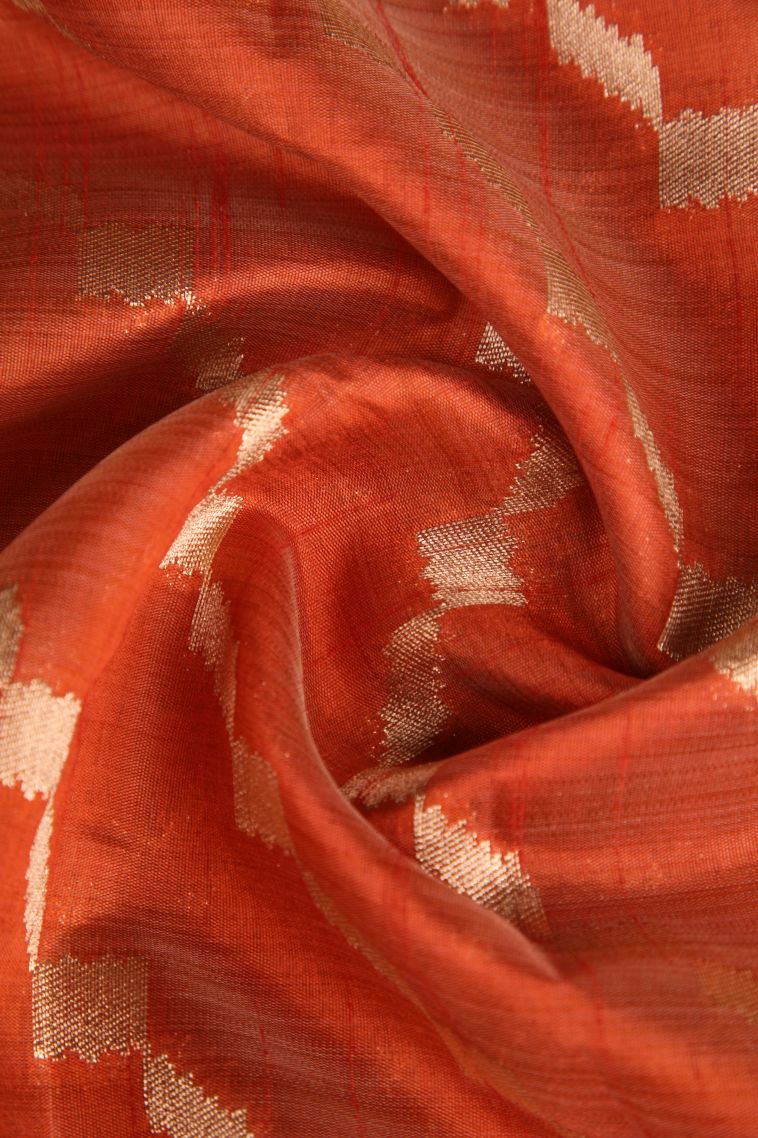 Fire Orange Semi Tussar Silk with Gold Zari Cross Straipes view 4