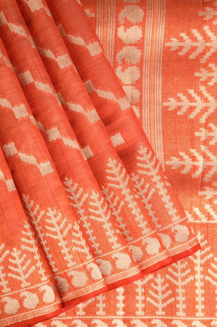 Fire Orange Semi Tussar Silk with Gold Zari Cross Straipes view 1