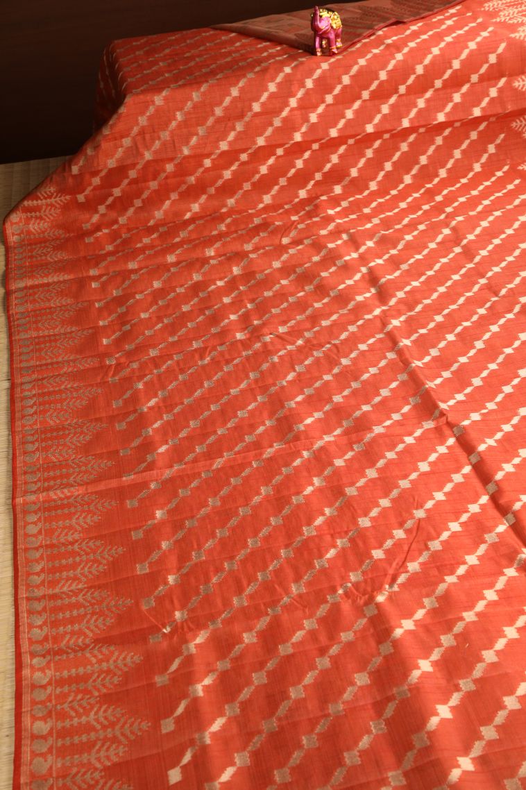 Fire Orange Semi Tussar Silk with Gold Zari Cross Straipes view 2