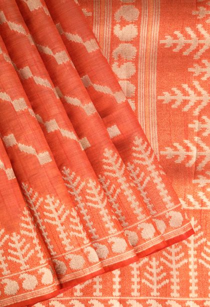 Fire Orange Semi Tussar Silk with Gold Zari Cross Straipes