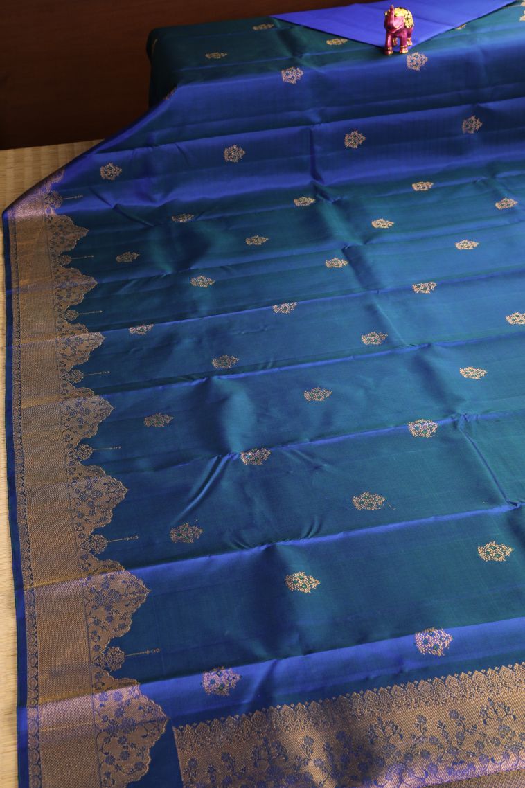 Cobalt Blue Kanchipuram Silk Sarees with Gold Zari Floral Patterns view 2