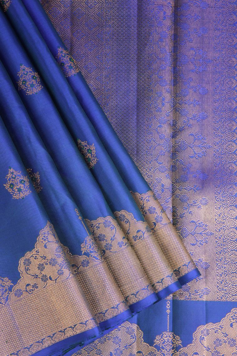 Cobalt Blue Kanchipuram Silk Sarees with Gold Zari Floral Patterns view 1