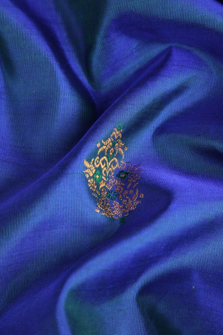 Cobalt Blue Kanchipuram Silk Sarees with Gold Zari Floral Patterns view 4