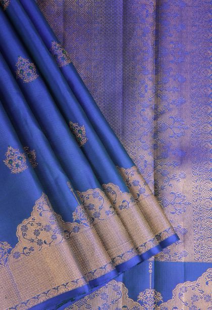 Cobalt Blue Kanchipuram Silk Sarees with Gold Zari Floral Patterns
