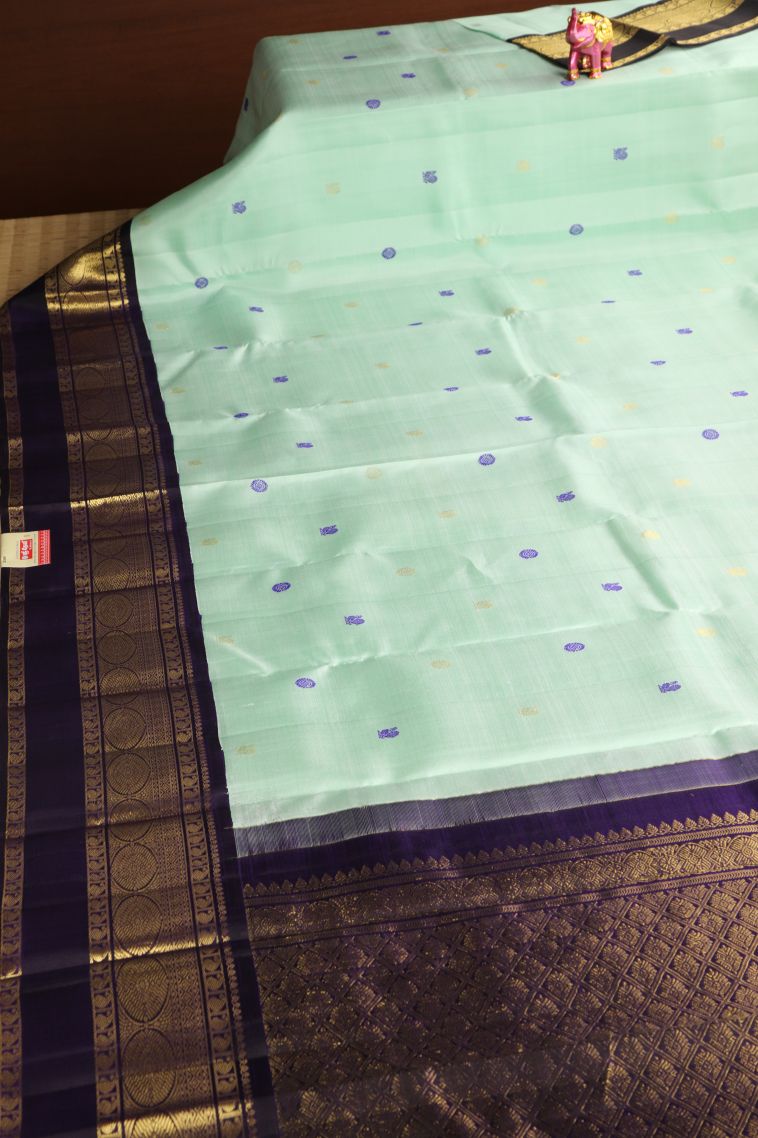 Arctic Blue Kanchipuram Silk Sarees with Gold Zari Peacock And Rudhractam view 2