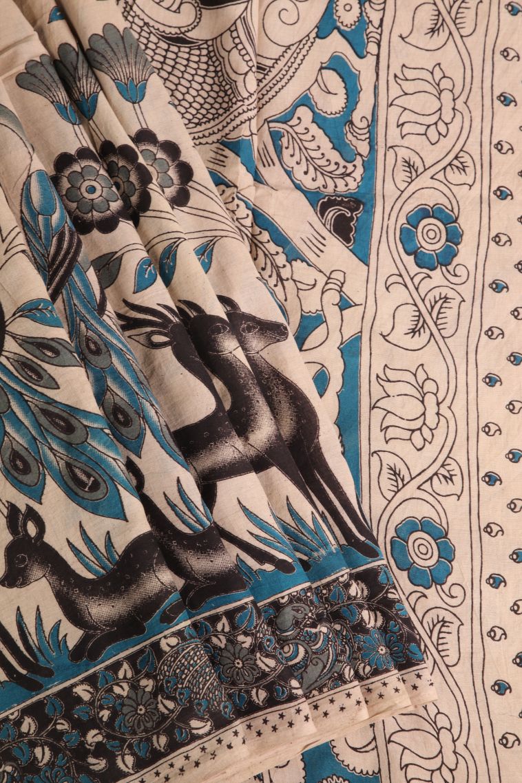 Vanilla Custard Yellow Kalamkari with Without Zari Zari Animal And Bird Motifs view 1