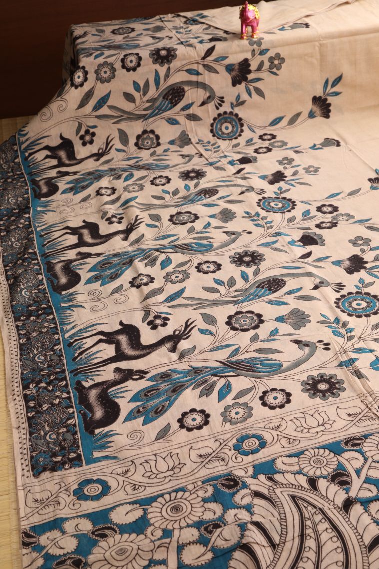 Vanilla Custard Yellow Kalamkari with Without Zari Zari Animal And Bird Motifs view 2