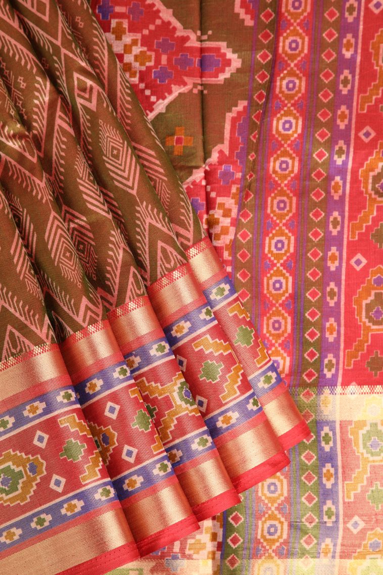 Tortilla Brown Semi Tussar Silk with Copper Zari Pochamballi Pattern view 1