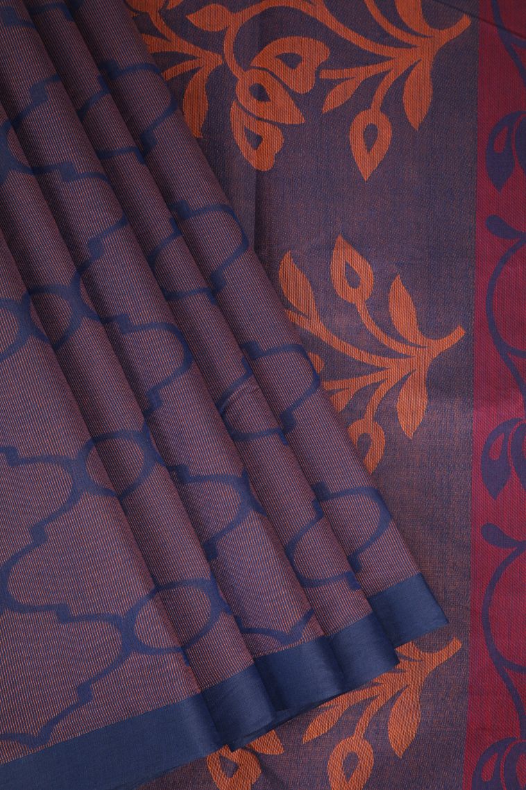 Navy Blue Kovai Cotton Sarees with Without Zari Zari Geometric Shapes view 1