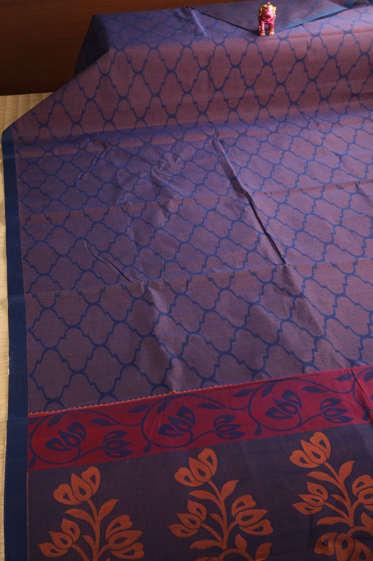 Navy Blue Kovai Cotton Sarees with Without Zari Zari Geometric Shapes view 2