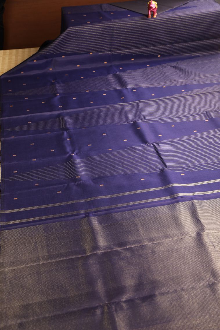 Indigo Blue Kanchipuram Silk Sarees with Gold Zari Straipes And Puttas view 2