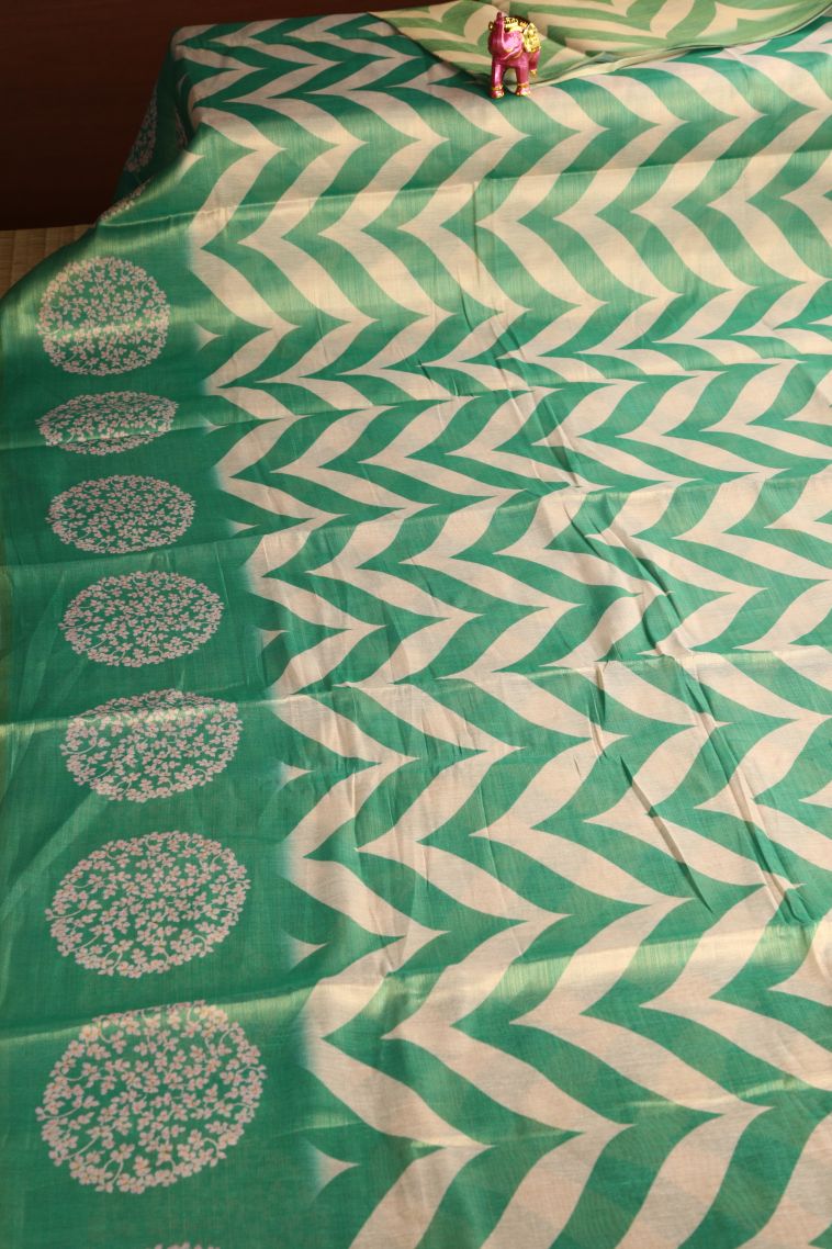 Seafoam Green Tissue Silk Sarees with Gold Zari Zig Zag Pattern view 2