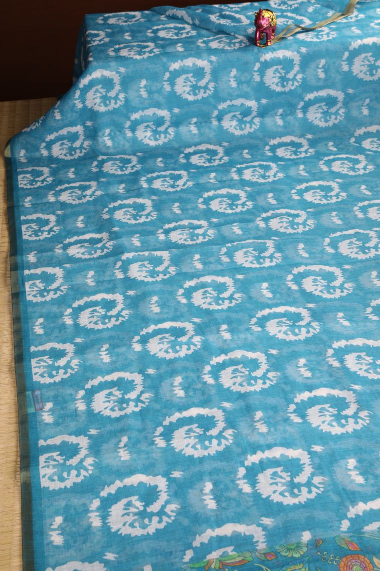 Cerulean Blue Linen Saree with Without Zari Zari Pathik Motifs view 2